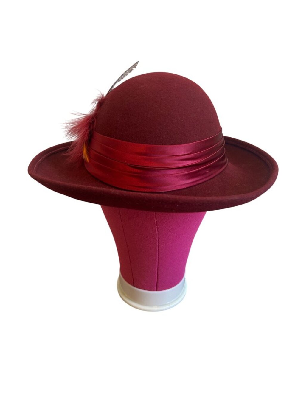 Vintage Geo W Bollman Burgundy Wool Hat With Satin Ribbon & Feather Accent - Picture 5 of 16